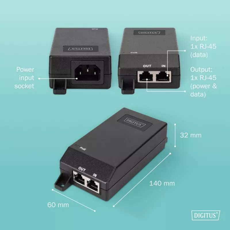 Digitus Gigabit Ethernet PoE+ injector 802.3at 30 W zwart