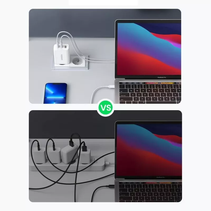 Wandlader UGREEN CD275 2× USB Type-C 65W wit — dual-USB-C 65W snelladen, 100–240V ingang