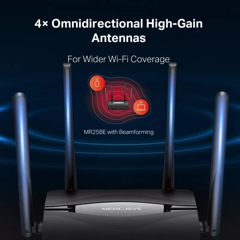 Tafelrouter MERCUSYS MR25BE EasyMesh Wi‑Fi 7 dual‑band 2,4/5 GHz, 3600 Mbit/s, 3× Gigabit-LAN, 4 externe antennes