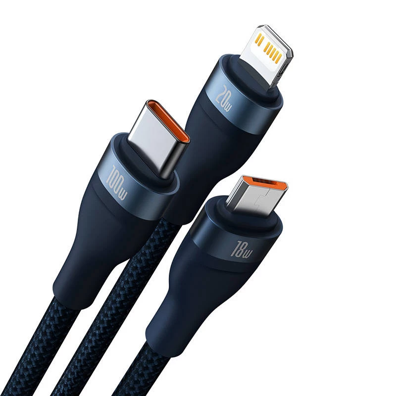 3in1 USB-kabel Baseus Flash Series 2, USB-C + Micro-USB + Lightning, 100 W, 1,5 m (blauw)