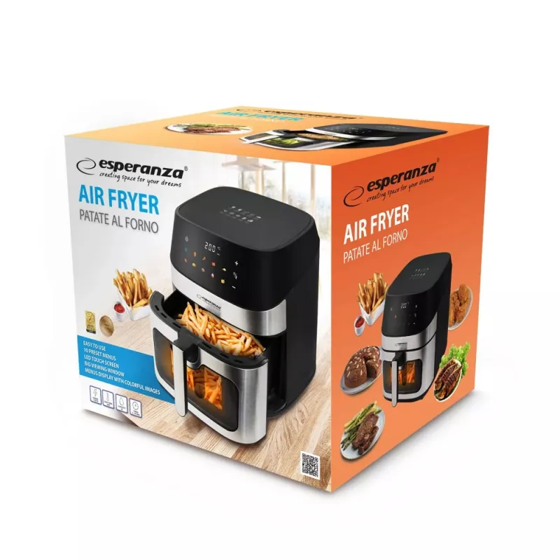Heteluchtfriteuse ESPERANZA EKA005, 8 L inhoud, 1600 W, touchbediening, 10 programma's, roestvrij staal, zwart