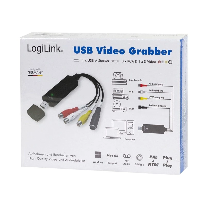 LogiLink USB 2.0 a/V grabber. USB a/M naar 3xCinch + MiniDIN5/F. zwart