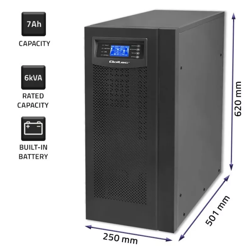 Qoltec 53982 online UPS met zuivere sinusgolf, 6 kVA / 4,8 kW, LCD, USB