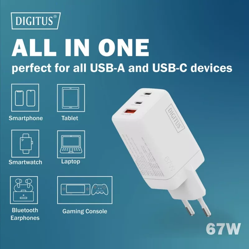 Wandoplader DIGITUS DA-10303 67W GaN, 2× USB-C + 1× USB-A, 100–240V, wit