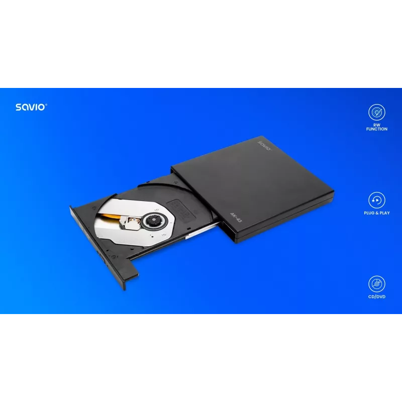 Externe slanke dvd±rw-drive SAVIO AK-43, USB 2.0, zwart, ondersteunt cd/dvd lezen/schrijven (24x cd, 8x dvd)