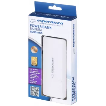 Draagbare oplader Esperanza EMP106WE Radium — 8000 mAh, uitgang voor 3 apparaten, Micro-USB-ingang, 5V/2A & 5V/1,5A/1A uitgangen, grijs