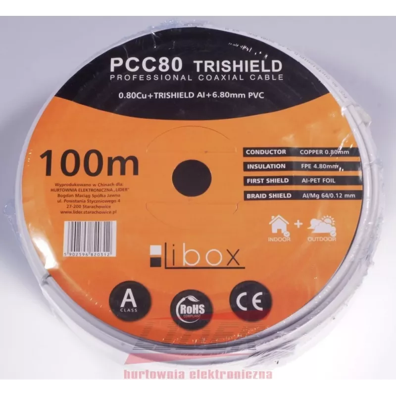 Coaxkabel LIBOX PCC80 RG-6/U 100 m, FEP-mantel, 0,8 mm koperader, aluminium afscherming, wit