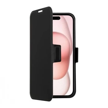 Wallet-hoes SCREENOR CLEVER voor iPhone 15 (6,1 inch, PU-leer, zwart) met vak voor kaarten en tafelstandaard