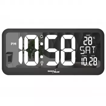 Grote digitale klok wandmontage vrijstaand met temperatuursensor 37x17cm LCD-display netadapter & batterijgevoed