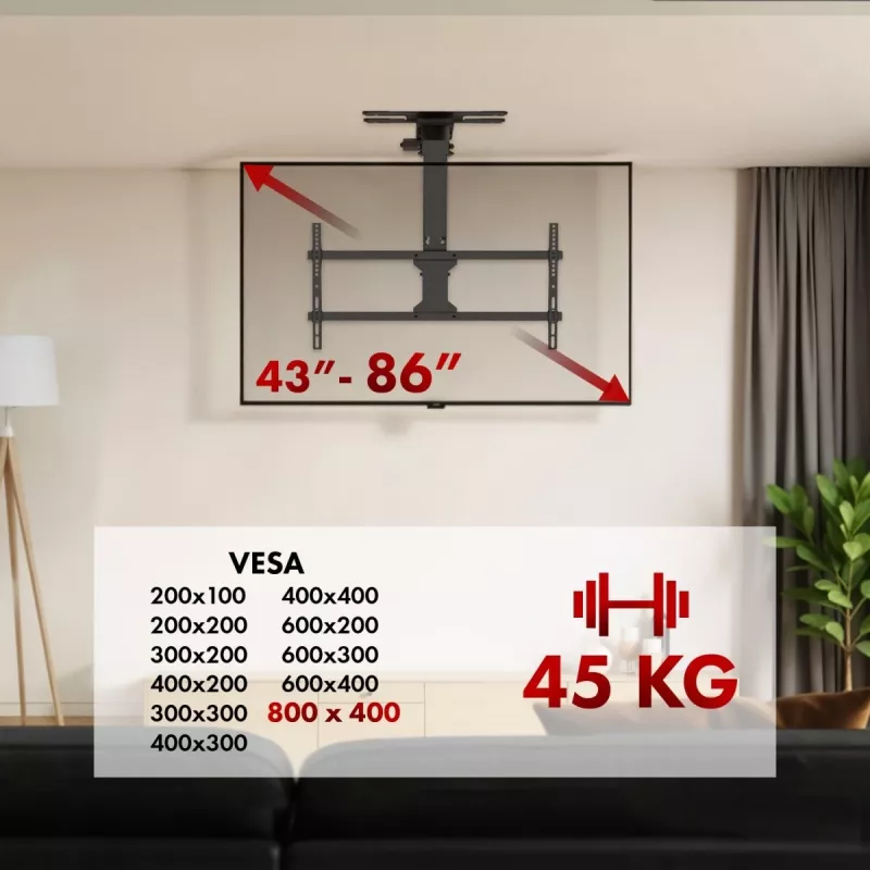 Plafond-TV-beugel MACLEAN MC-109 T VESA 800x400 voor 43–86 inch beeldschermen, max. belasting 45 kg