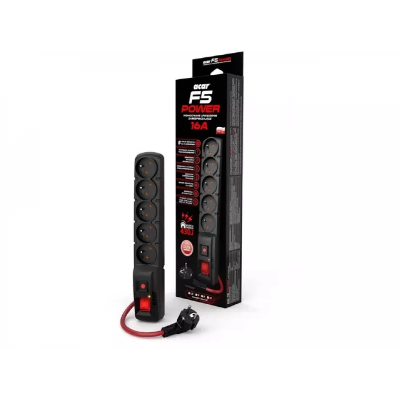 ACAR F5 POWER stekkerdoos met overspanningsbeveiliging, 5 stopcontacten, 16 A, met schakelaar, 1,5 m, zwart
