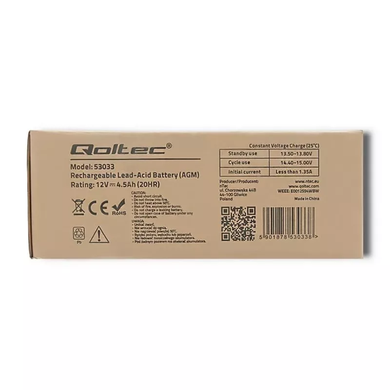 Qoltec 53033 AGM-accu 12 V 4,5 Ah, max. 1,35 A, onderhoudsvrij