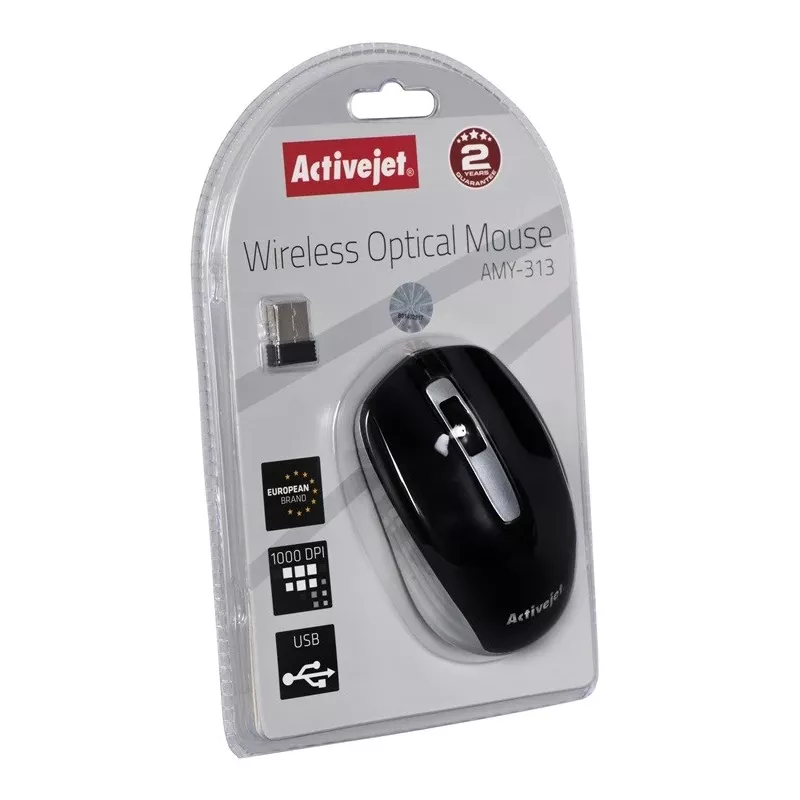 Draadloze muis ActiveJet AMY-313, RF-nano-ontvanger, optisch 1200 DPI, dubbelhandig, 3 knoppen, AA-batterij