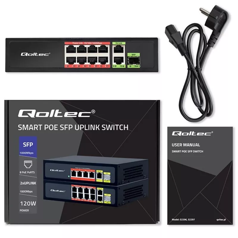 Ethernet switch QOLTEC 52297 PoE RJ45 met PoE-uplink en SFP-poort