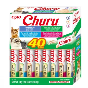 Natsnacks INABA Churu Variety Box — tonijn, 40 × 14 g pastazakjes, graanvrij, glutenvrij