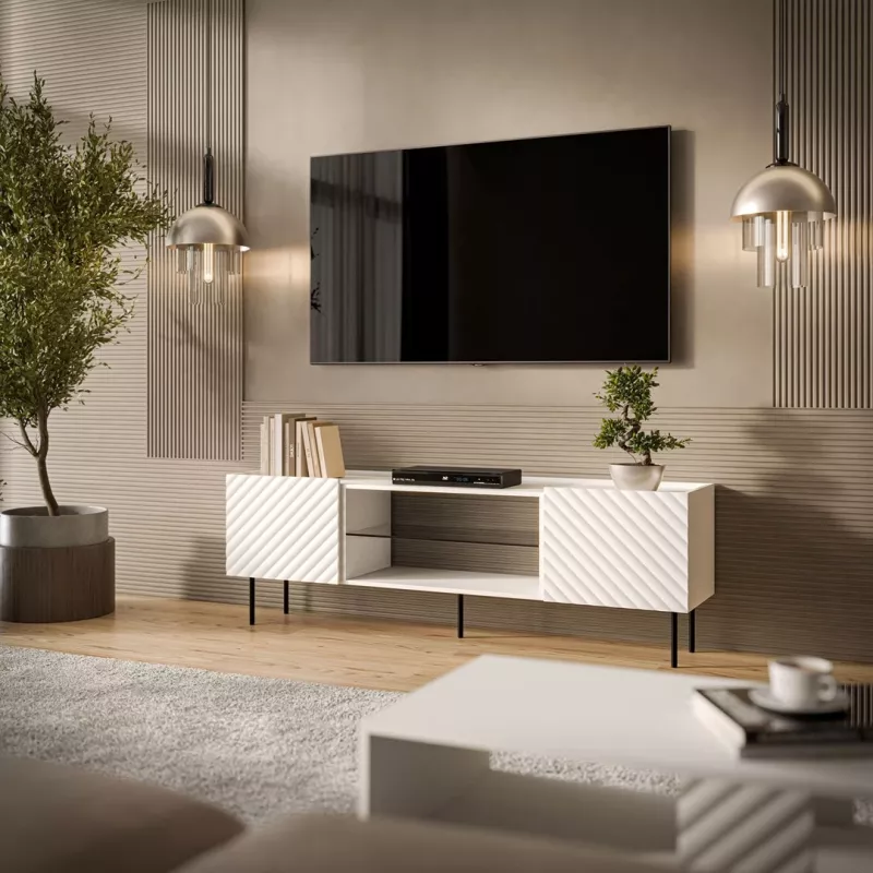 TV-kast cama meble LUCCA 180x40x59 cm — wit spaanplaat blad, witte behuizing