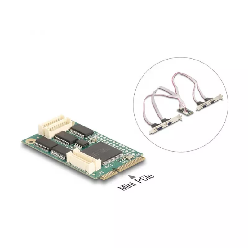 Interne RS-232-interfacekaart DELOCK 95278 — Mini PCI Express host, 4× RS-232-uitgangen, FIFO 256 B, 30×51×10 mm