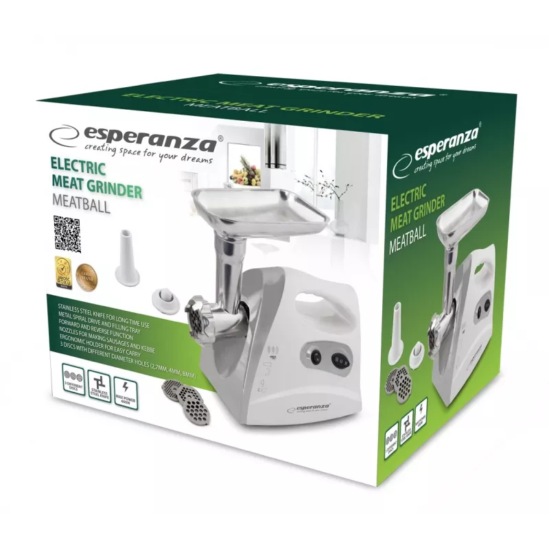 Esperanza EKM012E Meatball elektrische vleesmolen, 600 W, 3 snijplaten, opzetstukken voor worst en kebbe, grijs