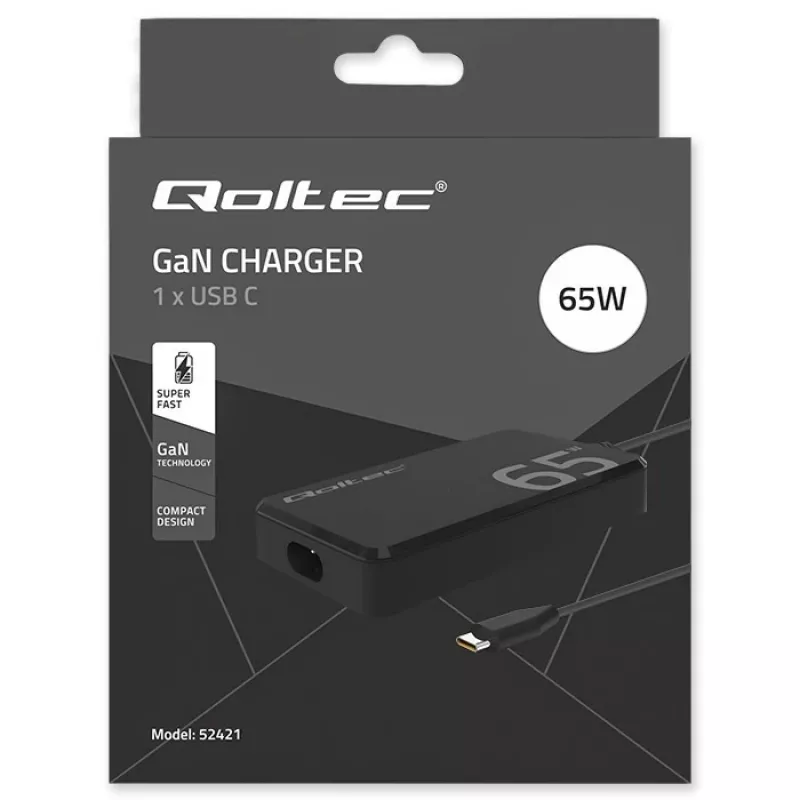 QOLTEC oplader 65W GaN Super Fast slank PD 5-20V 3,25A USB-C