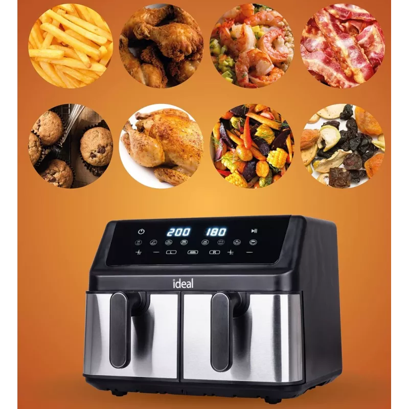 IDEAL vetvrije friteuse, dubbel horizontaal 9L, 8 functies - inclusief voedseldrogen