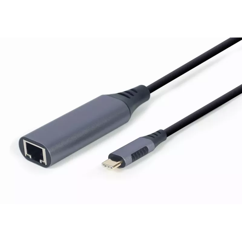Netwerkadapter Gembird A-USB3C-LAN-01 Type-C USB 3.2 Gen 1, Gigabit RJ-45, 0,15 m kabel, metalen behuizing, grijs/zwart