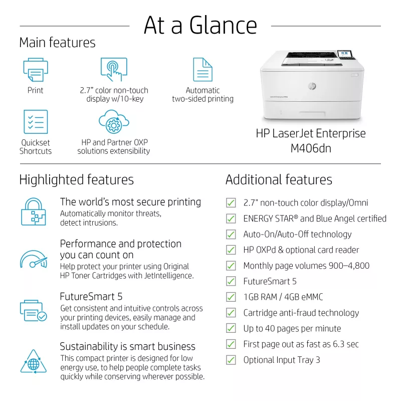 HP LaserJet Enterprise M406dn, laser, 1200 x 1200 DPI, A4, 38 ppm, dubbelzijdig printen, netwerkgeschikt