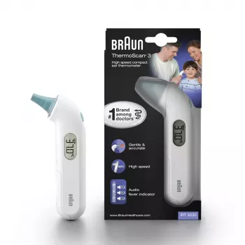 Braun ThermoScan 3 IRT3030 contact-oorthermometer — meting 34–42,2°C, 1 s, lcd, zoemer, wit