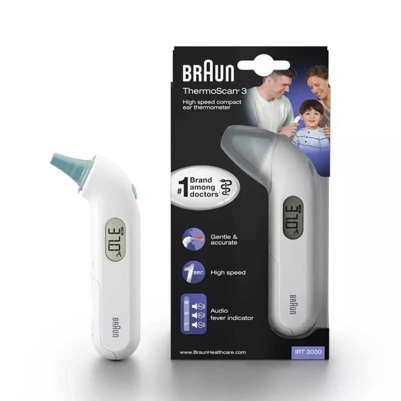 Braun ThermoScan 3 IRT3030 contact-oorthermometer — meting 34–42,2°C, 1 s, lcd, zoemer, wit