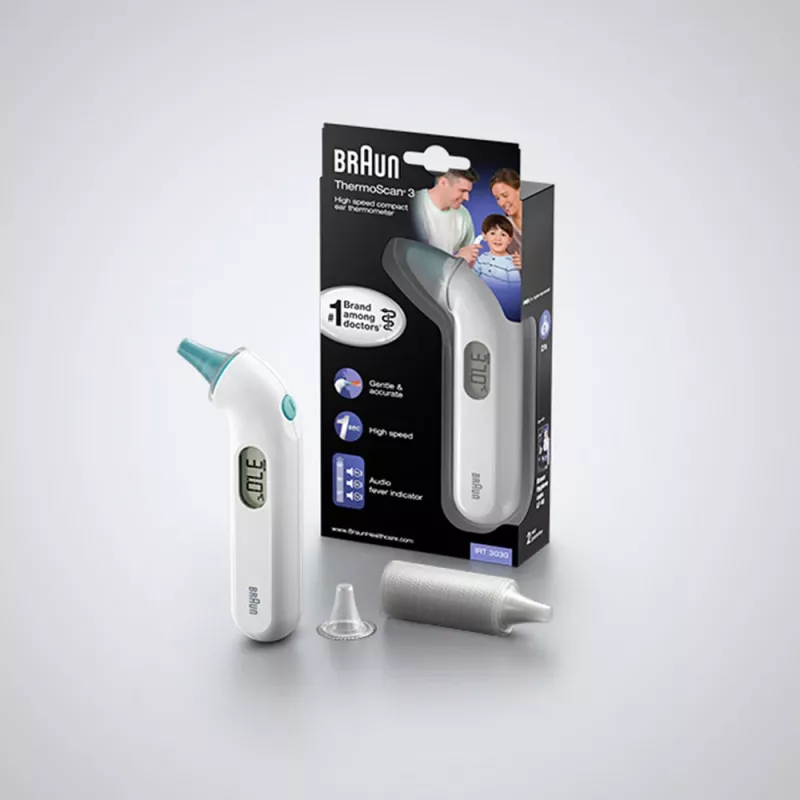 Braun ThermoScan 3 IRT3030 contact-oorthermometer — meting 34–42,2°C, 1 s, lcd, zoemer, wit