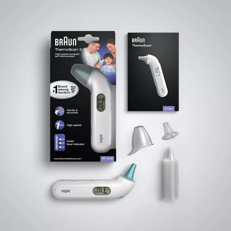 Braun ThermoScan 3 IRT3030 contact-oorthermometer — meting 34–42,2°C, 1 s, lcd, zoemer, wit