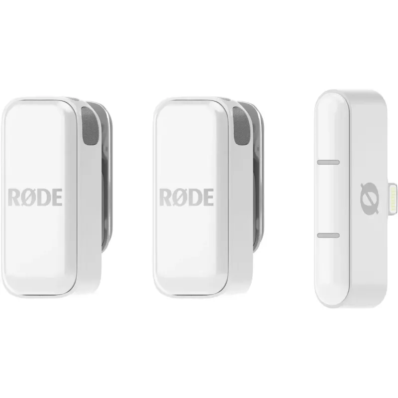 Draadloos microfoonsysteem Rode Wireless Micro Lightning – omnidirectioneel, 48 kHz/24-bit, 7 u accu, 100 m bereik, wit