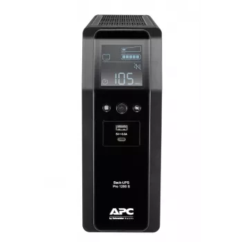 APC Back-UPS Pro, 1200VA/720W, Tower, 230V, 8x IEC C13 stopcontacten, sinusgolf, AVR, USB Type A + C aansluitingen, LCD, door gebruiker vervangbare accu