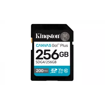 SDXC-geheugenkaart Kingston 256GB UHS-I Canvas Go Plus — 256 GB, U3/V30, lezen 200 MB/s, schrijven 160 MB/s, Class 10, zwart