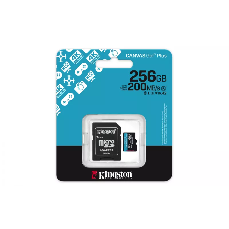 Kingston Technology 256GB microSDXC Canvas Go Plus Gen4 200MB/s A2 U3 V30-kaart + adapter