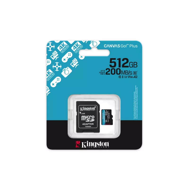 Kingston Technology 512GB microSDXC Canvas Go Plus Gen4 200MB/s A2 U3 V30-kaart + adapter