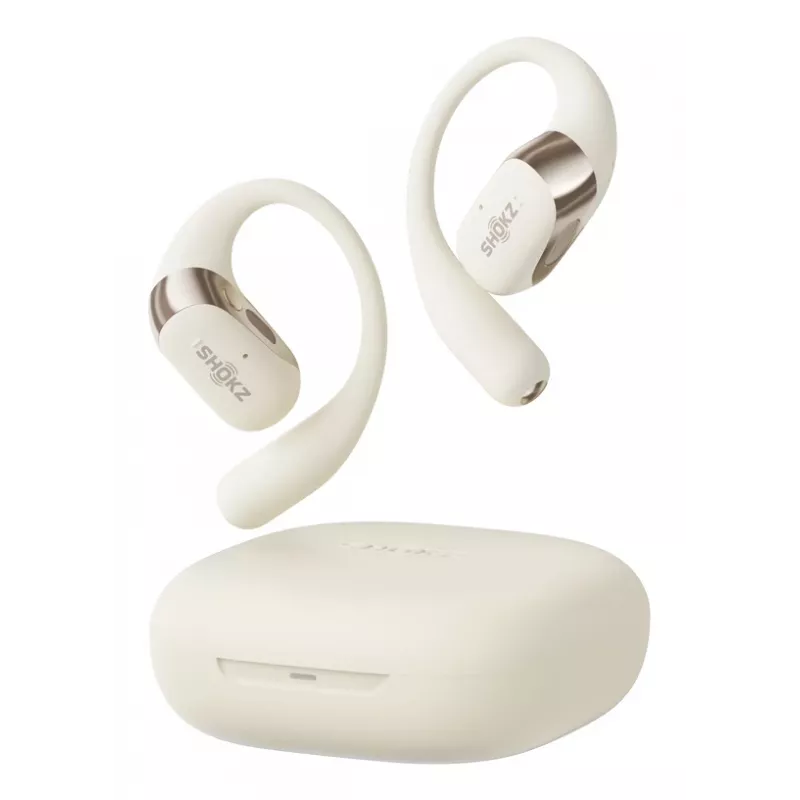 Open-ear draadloze headset Shokz OpenFit 2 — Bluetooth 5.4, IP55, botgeleiding, 11 uur weergave (48 uur met case), USB‑C, beige