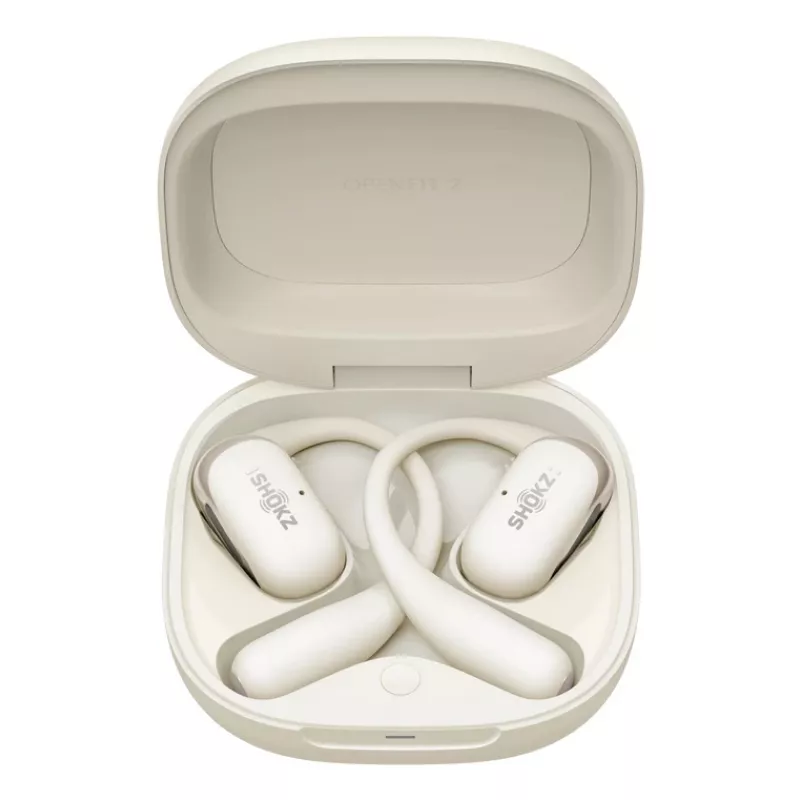 Open-ear draadloze headset Shokz OpenFit 2 — Bluetooth 5.4, IP55, botgeleiding, 11 uur weergave (48 uur met case), USB‑C, beige