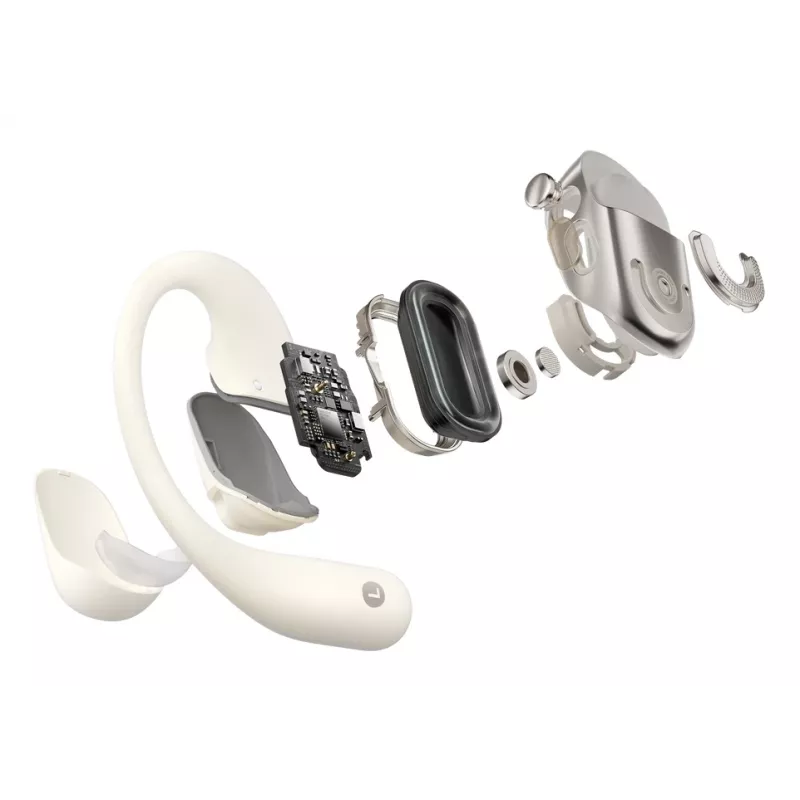 Open-ear draadloze headset Shokz OpenFit 2 — Bluetooth 5.4, IP55, botgeleiding, 11 uur weergave (48 uur met case), USB‑C, beige