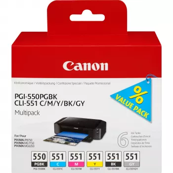 Canon PGI-550/CLI-551 PGBK/C/M/Y/BK/GY 6-inktpatronen-multipack