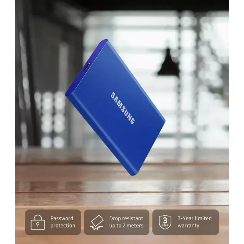 Externe SSD Samsung T7 Portable 1 TB, USB-C 3.2 Gen 2, NVMe, AES-256 hardwareversleuteling, blauw
