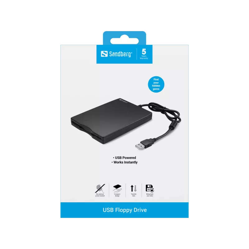 Sandberg USB-diskettestation, externe diskettestation, USB 2.0, 360 tpm, 102 mm, 140 mm, 17 mm