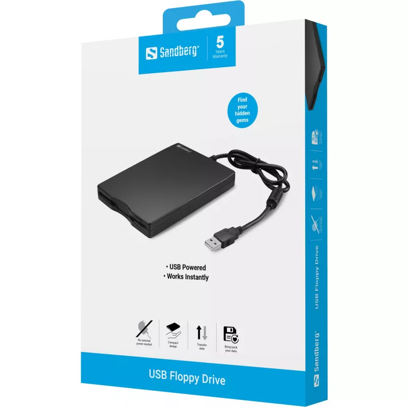 Sandberg USB-diskettestation, externe diskettestation, USB 2.0, 360 tpm, 102 mm, 140 mm, 17 mm