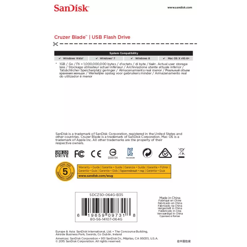 USB-flashdrive SanDisk 64 GB USB Type-A 2.0 Cruzer Blade
