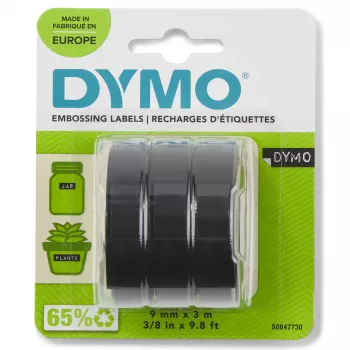 DYMO originele reliëfband | 9 mm x 3 m rollen | witte letters op zwart | zelfklevend | voor reliëfapparaten | 3 stuks