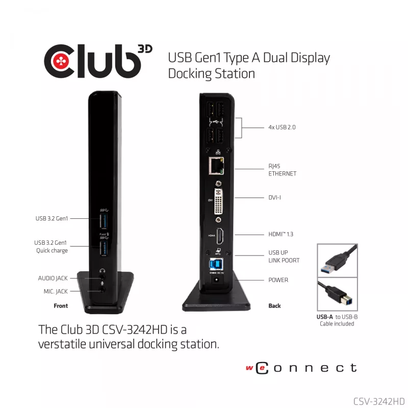 CLUB3D USB Gen1 Type-A Dual Display (HDMI en DVI) DisplayLink™ dockingstation