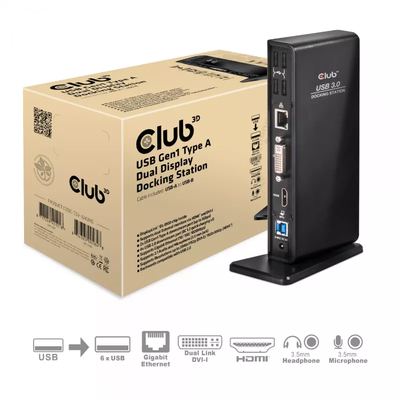 CLUB3D USB Gen1 Type-A Dual Display (HDMI en DVI) DisplayLink™ dockingstation