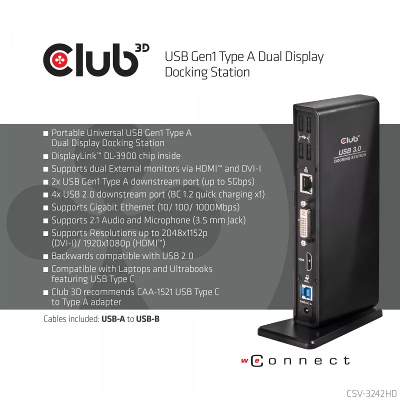 CLUB3D USB Gen1 Type-A Dual Display (HDMI en DVI) DisplayLink™ dockingstation