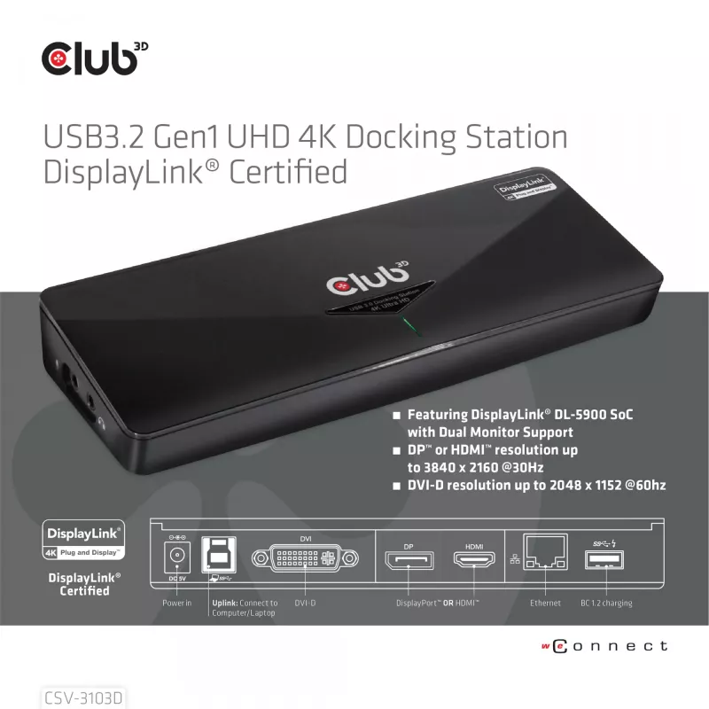 CLUB3D CSV-3103D The Club 3D universele USB 3.1 Gen 1 UHD 4K dockingstation DisplayLink™