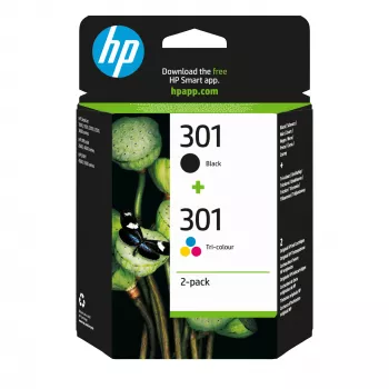 HP 301 2-pack zwart/driekleurig originele inktcartridges, zwart, cyaan, magenta, geel, pigmentinkt, 2 stuks, 170 pagina's
