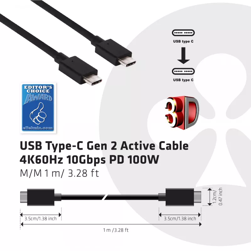 CLUB3D USB Gen2 Type-C video 4K60Hz, data 10Gbit/s en 100W laden 1 meter M/F